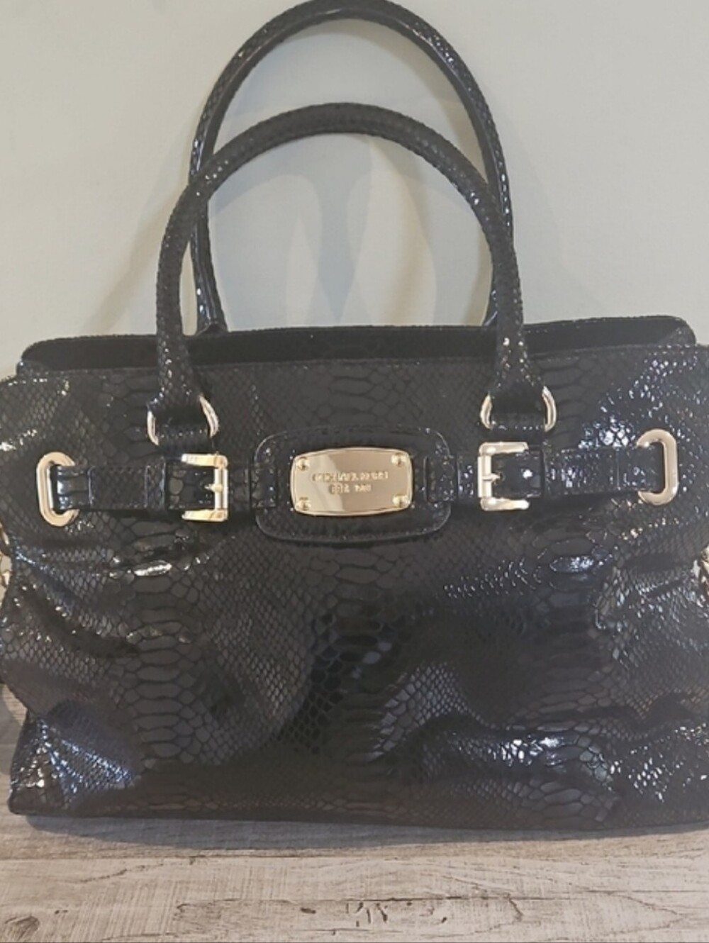 Michael Kors Black Patent Snake-Embossed Satchel with Gold Hardware
